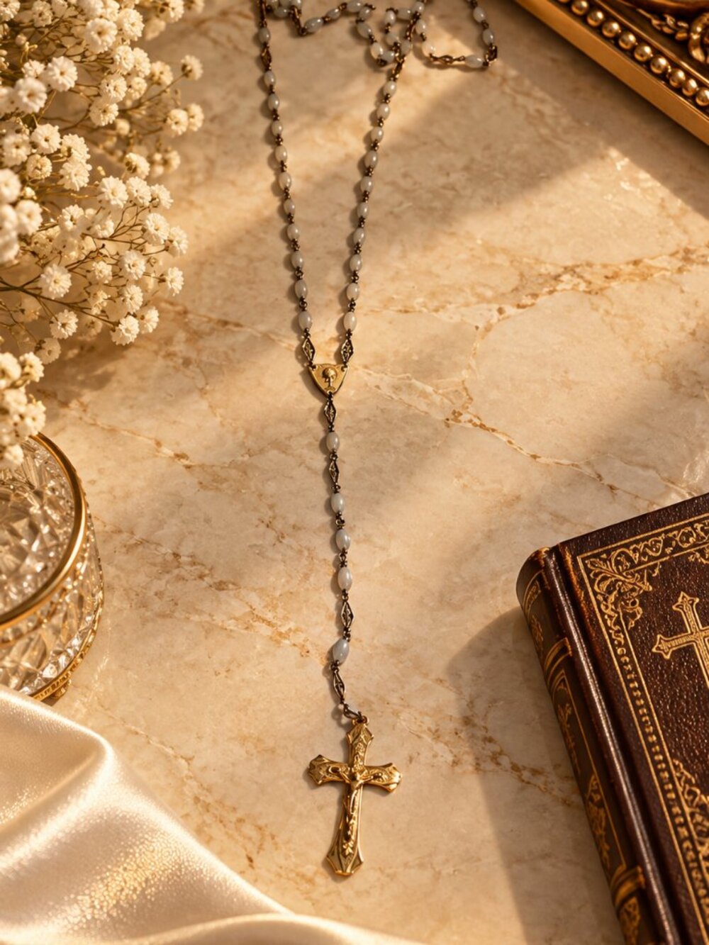 Vintage Gold Tone Rosary Necklace with White Beads & Ornate Crucifix